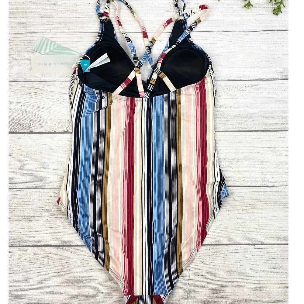 NEW COASTAL BLUE Stripe Strappy Back One Piece Swimsuit XS - Picture 6 of 10